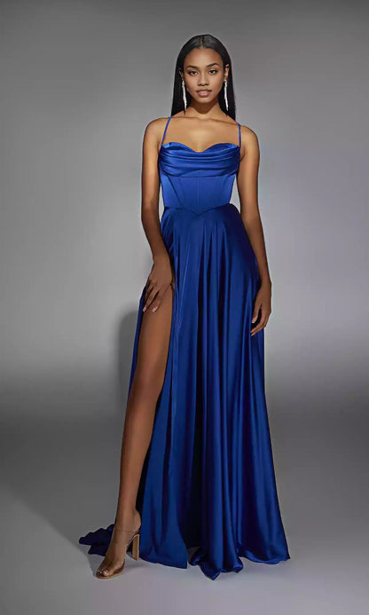 Charming long sweetheart collar A-line heart collar corset with lace up backless hem and side slits hanging to the ground Prom Dresses