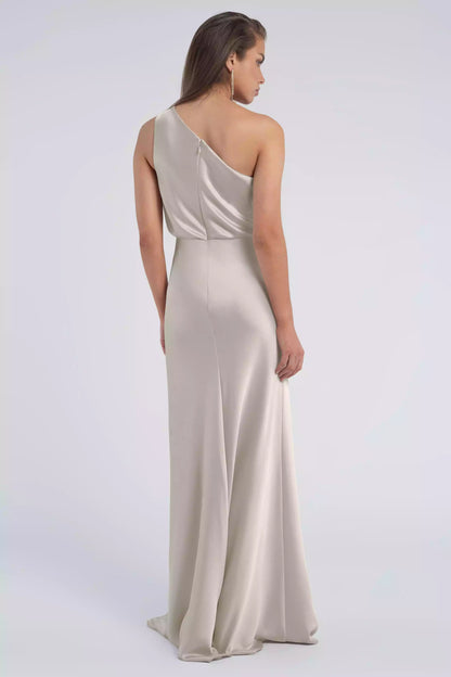 Charming luxury satin single shoulder neckline with pleats, loose waist, slanted cut, tight corset, back mid zip Bridesmaid Dresses