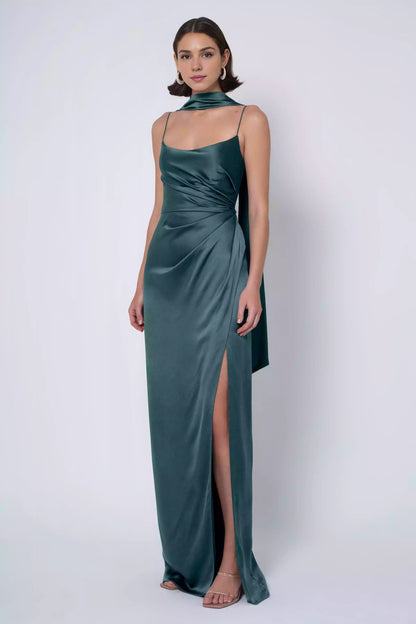 Charming luxury satin thin shoulder straps, round neck, pleated slit, tight corset, back middle zipper, Bridesmaid Dresses