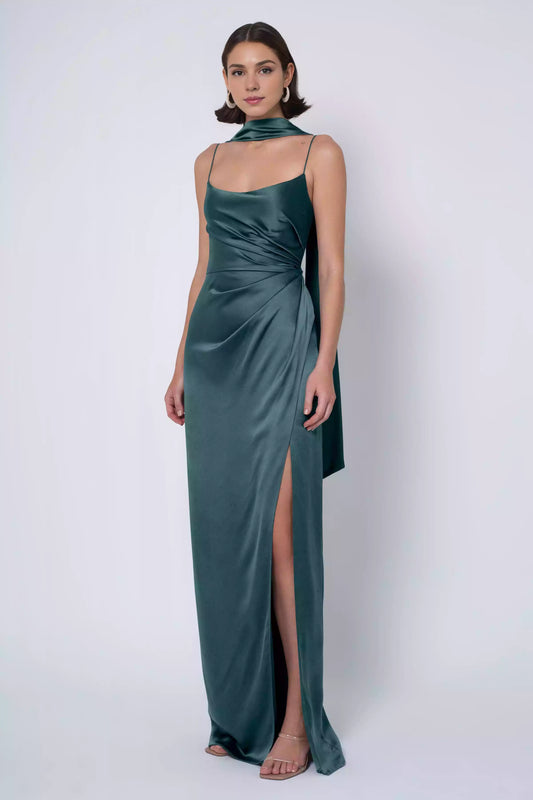 Charming luxury satin thin shoulder straps, round neck, pleated slit, tight corset, back middle zipper, Bridesmaid Dresses