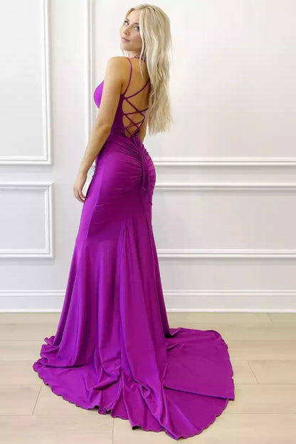 Charming mermaid chiffon thin shoulder strap sleeveless lace up back Prom Dresses