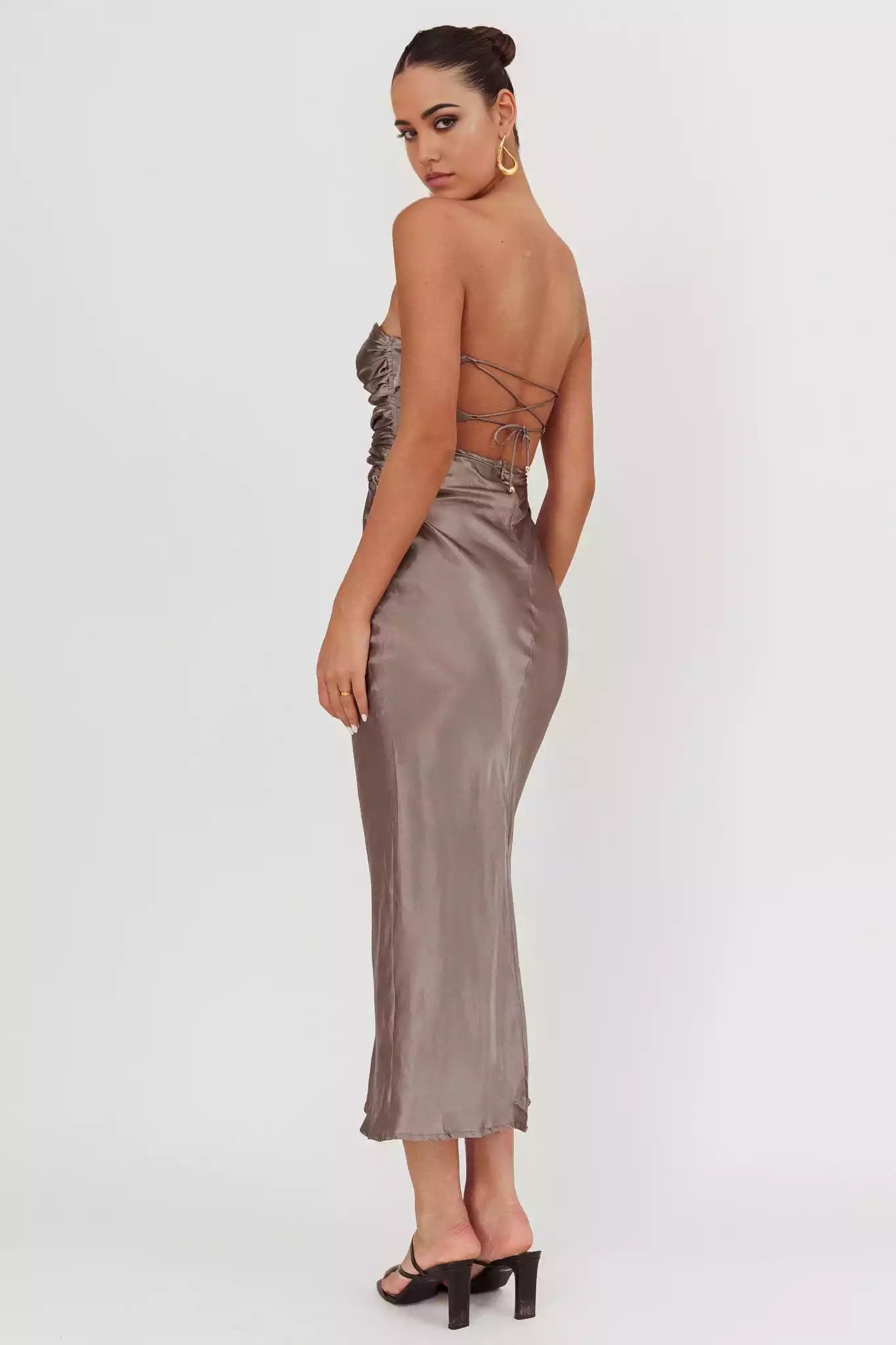 Charming mid length strapless style tight corset with a back strap and zipper Bridesmaid Dresses