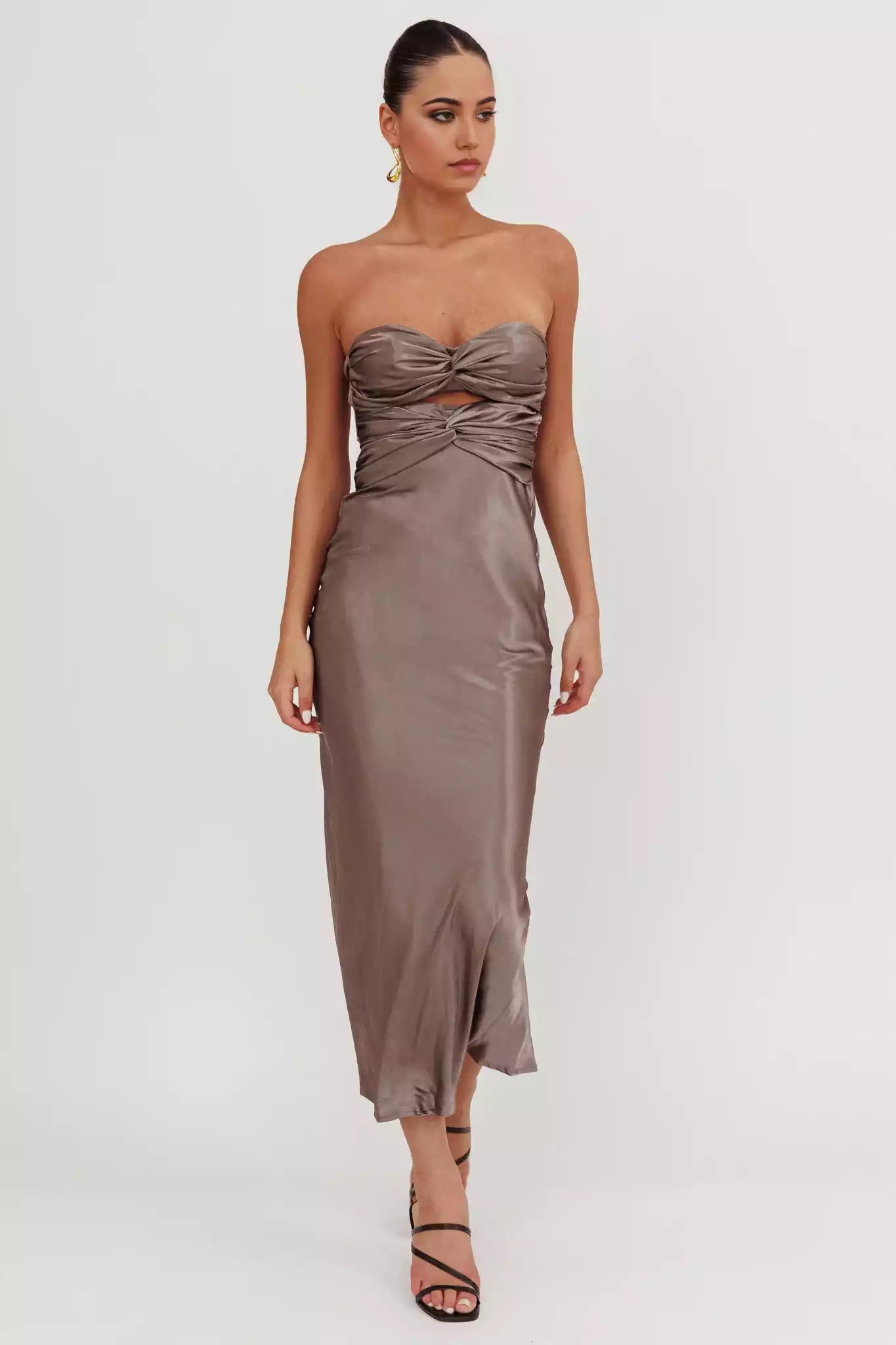 Charming mid length strapless style tight corset with a back strap and zipper Bridesmaid Dresses