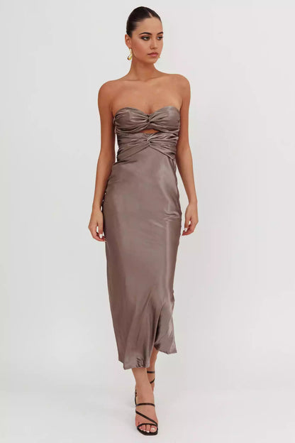 Charming mid length strapless style tight corset with a back strap and zipper Bridesmaid Dresses