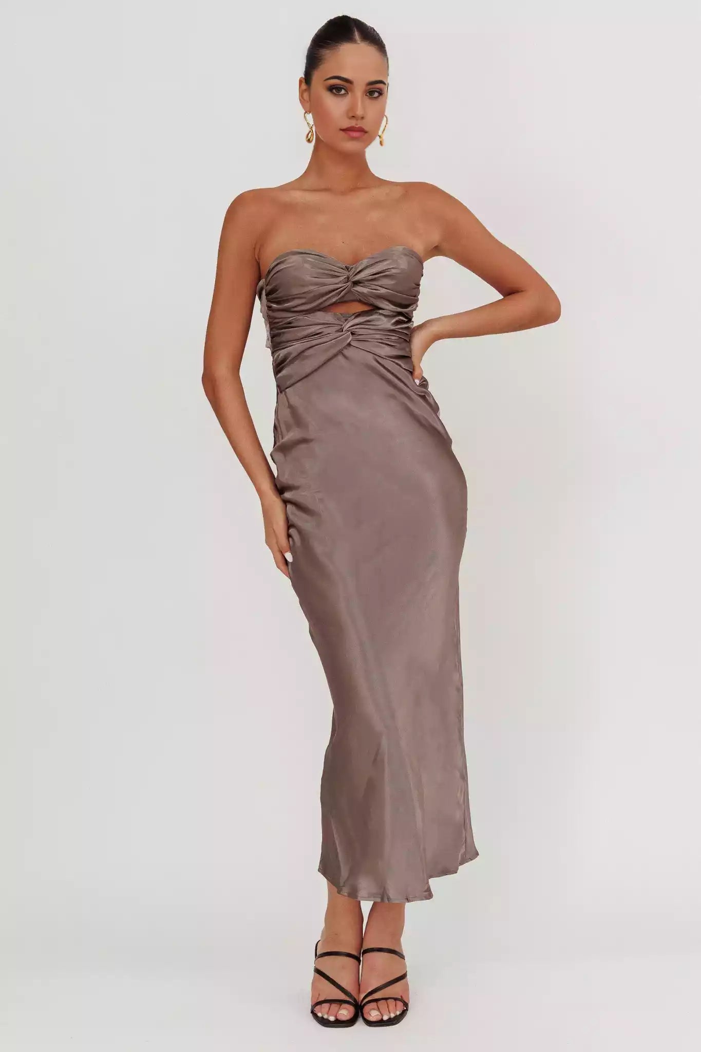 Charming mid length strapless style tight corset with a back strap and zipper Bridesmaid Dresses
