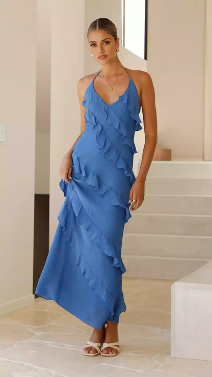 Charming neck hanging ruffle edge invisible side zipper thin shoulder strap sleeveless slim fit Prom Dresses