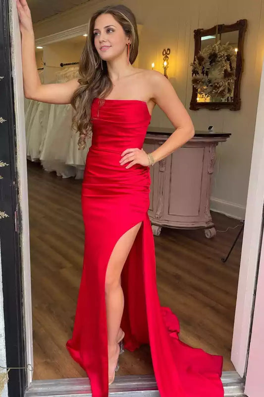 Enchanting off shoulder back strap with side slits and pleated details, sleeveless Prom Dresses