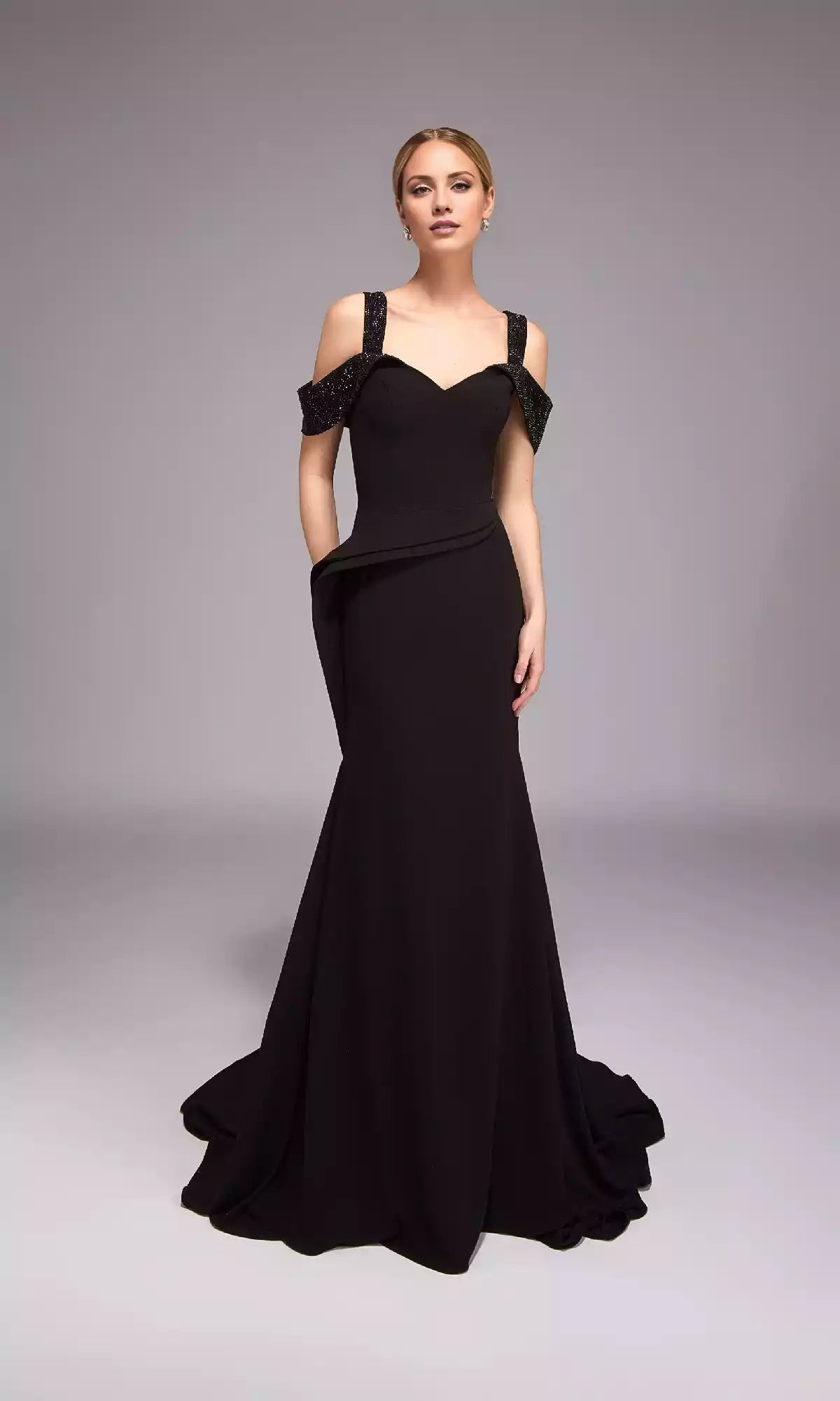 Charming off shoulder long thick shoulder strap slim fit corset with heart-shaped neckline that fits snugly with hip pleats details Prom Dresses