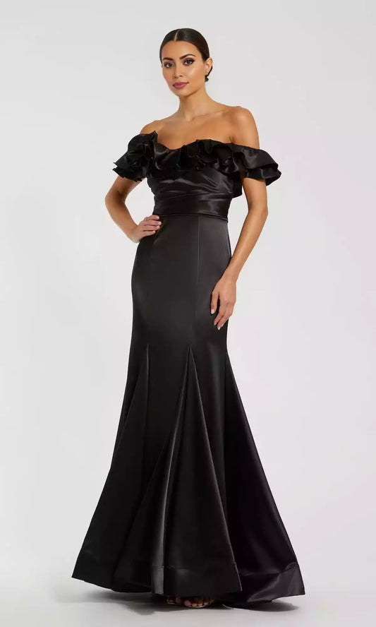 Charming off shoulder satin long ruffled cuffs, slim fit fish tail, showcasing elegant temperament Prom Dresses