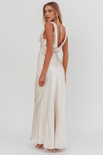 Charming pendant neckline satin ultra long invisible side zipper bridesmaid dress