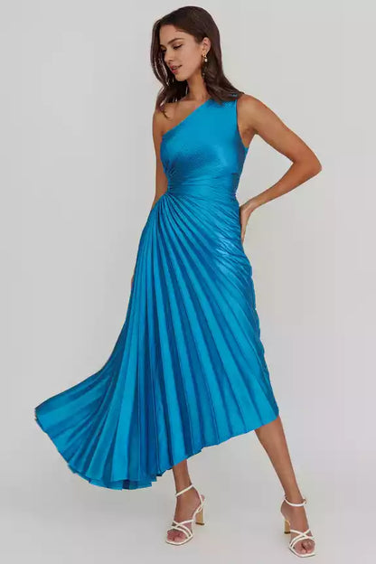Charming pleated satin mid length waist cut with hidden side zipper lining Bridesmaid Dresses