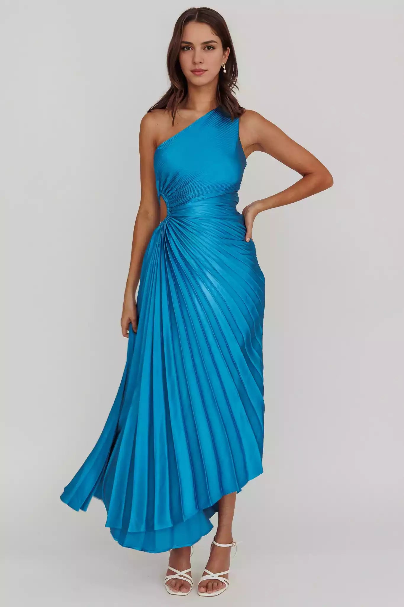 Charming pleated satin mid length waist cut with hidden side zipper lining Bridesmaid Dresses