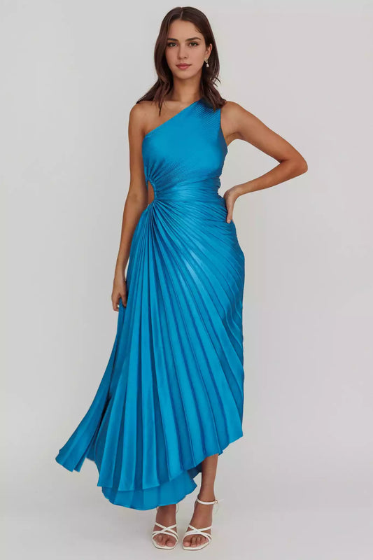 Charming pleated satin mid length waist cut with hidden side zipper lining Bridesmaid Dresses