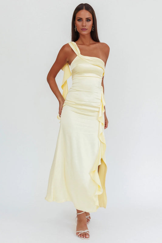 Charming ruffled single shoulder strap satin long leg slit invisible side zipper bridesmaid dress
