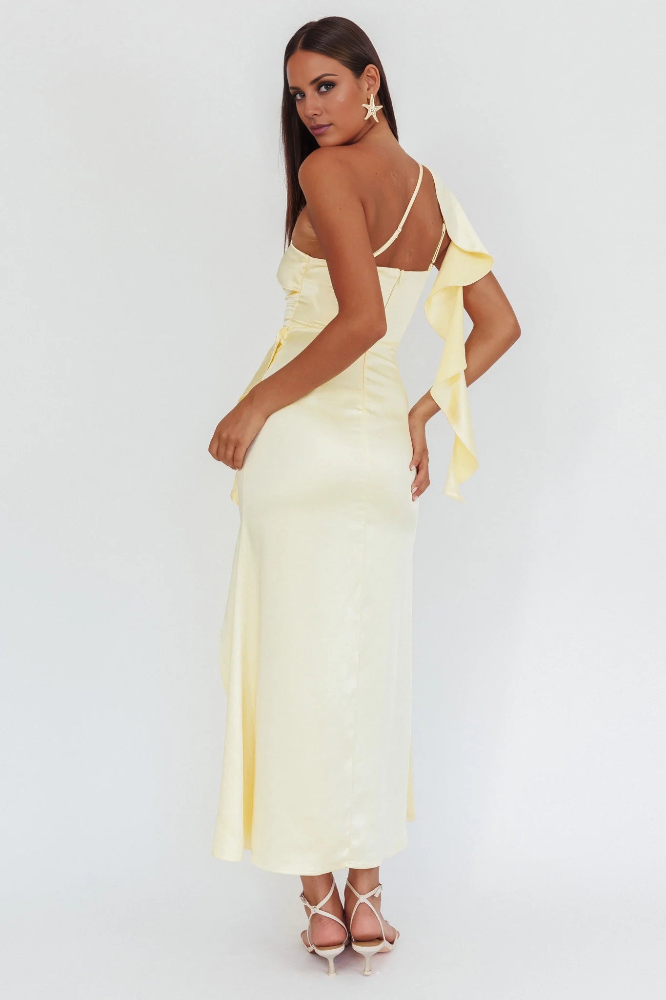 Charming ruffled single shoulder strap satin long leg slit invisible side zipper bridesmaid dress