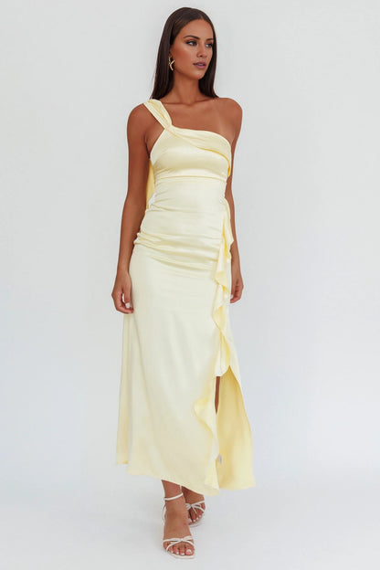 Charming ruffled single shoulder strap satin long leg slit invisible side zipper bridesmaid dress