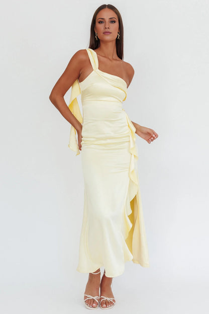 Charming ruffled single shoulder strap satin long leg slit invisible side zipper bridesmaid dress