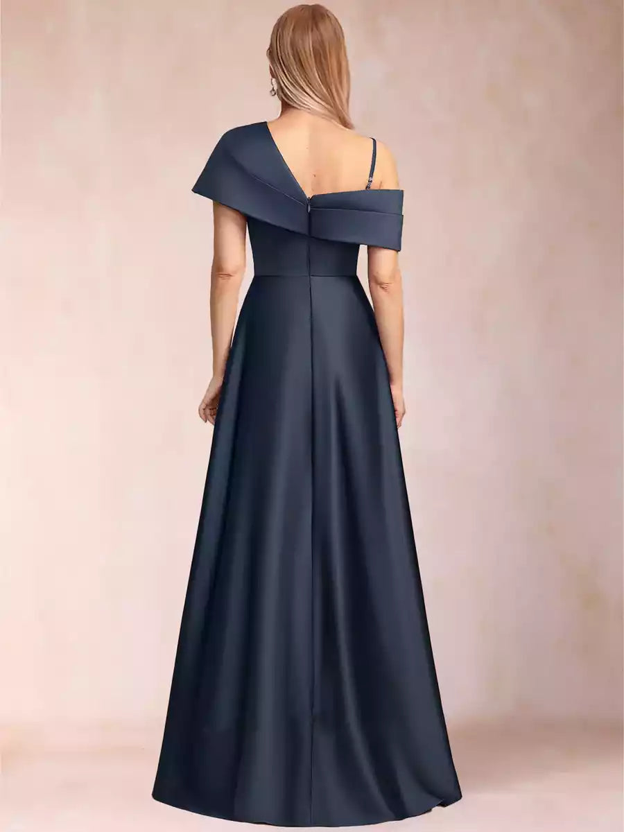 Charming satin A-line/princess style asymmetrical single shoulder short sleeved and floor length side slit Mother of the Bride Dresses