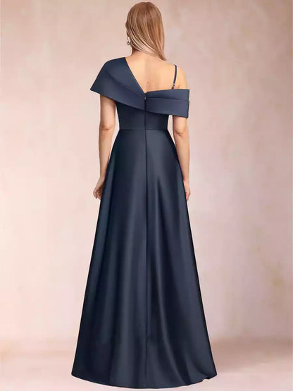 Charming satin A-line/princess style asymmetrical single shoulder short sleeved and floor length side slit Mother of the Bride Dresses