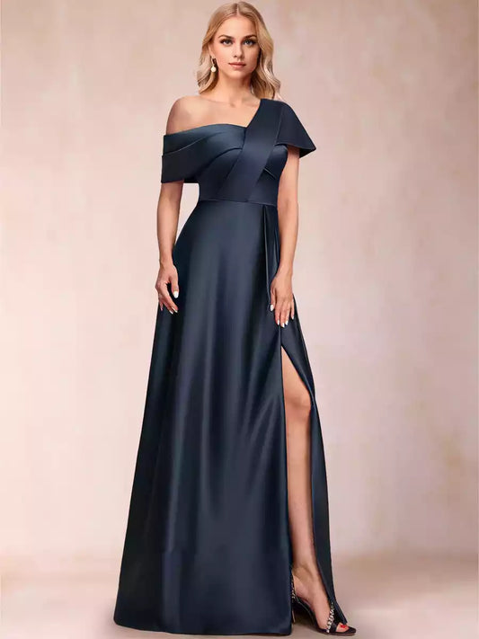 Charming satin A-line/princess style asymmetrical single shoulder short sleeved and floor length side slit Mother of the Bride Dresses
