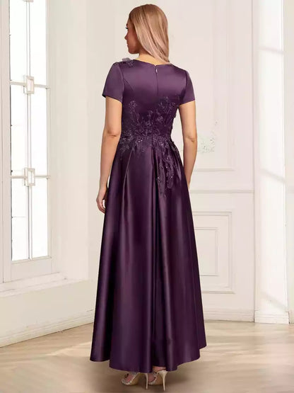Charming satin A-line/princess style chiffon round neck short sleeved shirt and ankle Mother of the Bride Dresses
