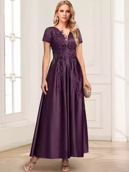 Charming satin A-line/princess style chiffon round neck short sleeved shirt and ankle Mother of the Bride Dresses