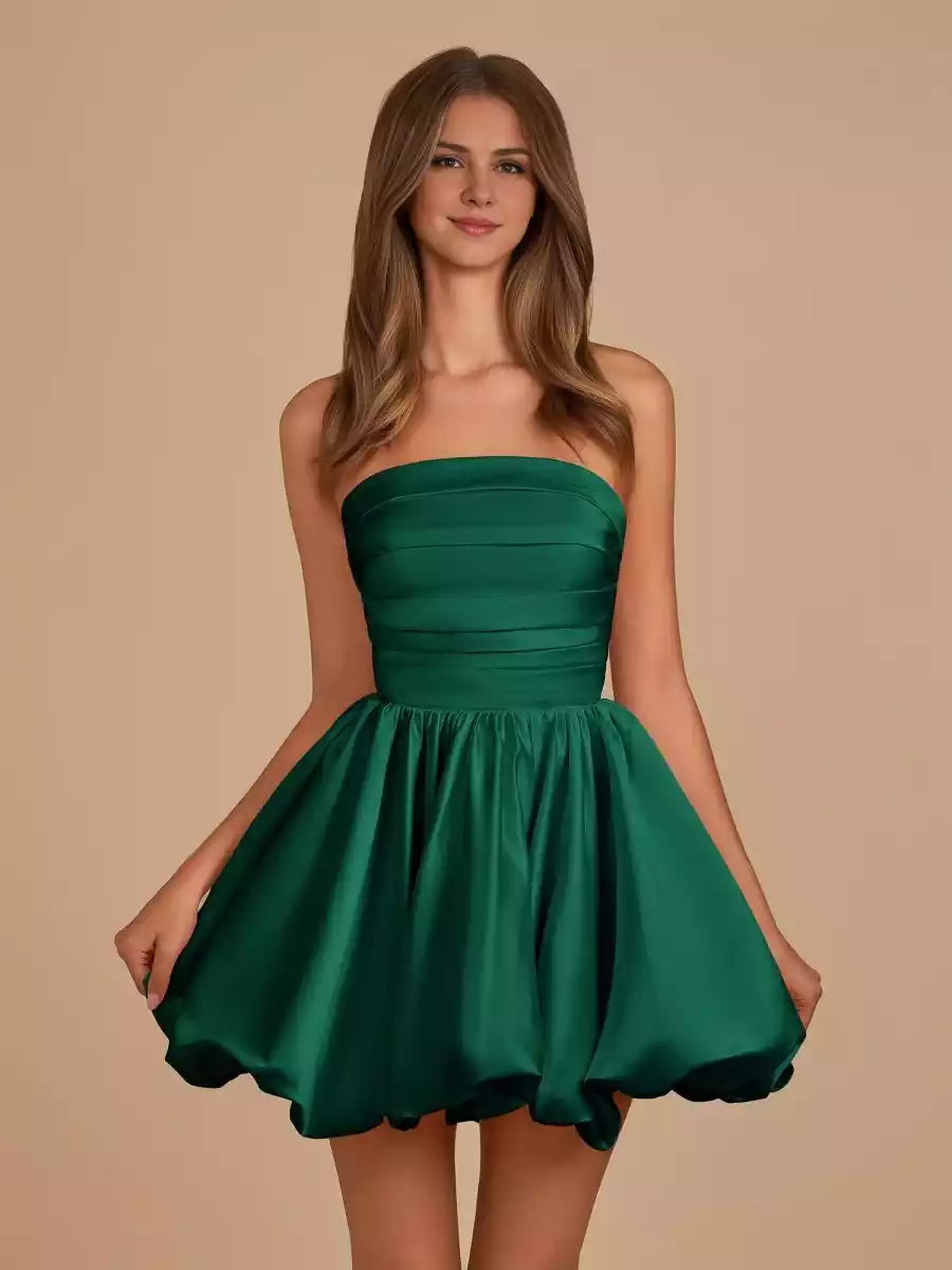 Charming satin A-line short off shoulder sleeveless bubble hem with lace up back Homecoming Dresses