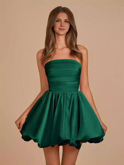 Charming satin A-line short off shoulder sleeveless bubble hem with lace up back Homecoming Dresses