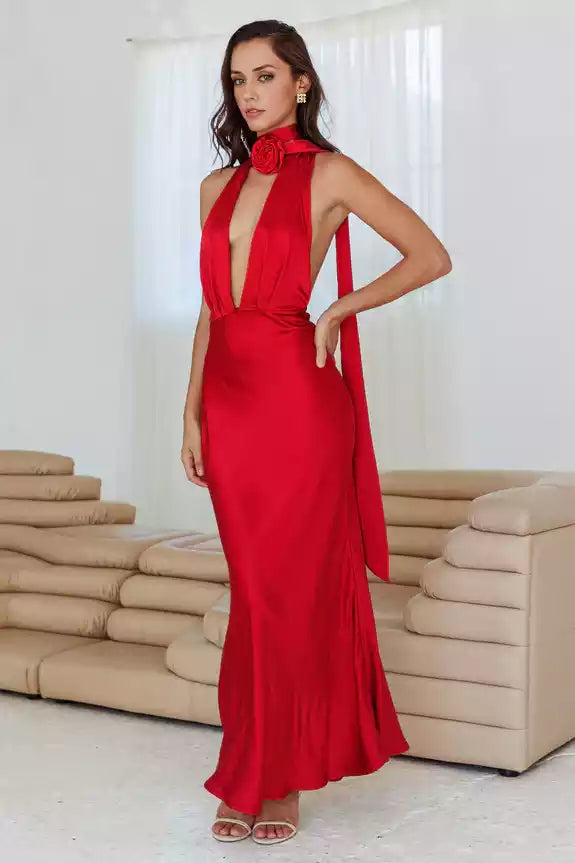 Charming satin detachable rose deep V-neckline, backless neckline, backless Prom Dresses