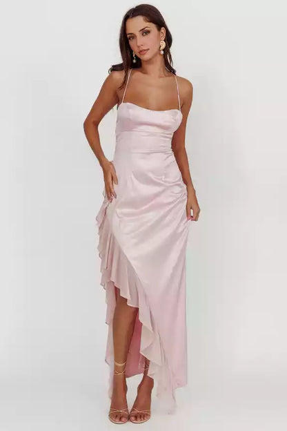 Charming satin extra long asymmetrical hem with ruffled edges, backless lace up, invisible back zipper, Bridesmaid Dresses