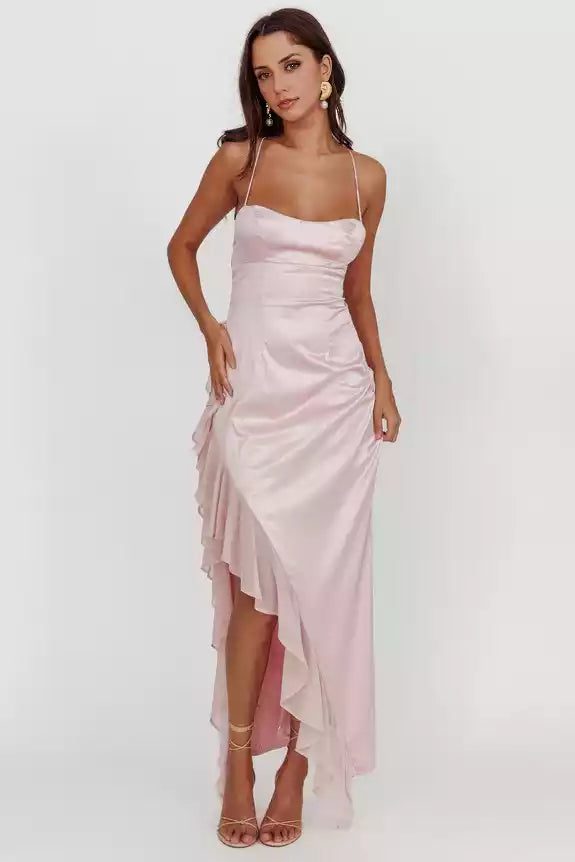Charming satin extra long asymmetrical hem with ruffled edges, backless lace up, invisible back zipper, Bridesmaid Dresses