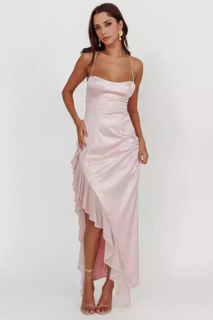 Charming satin extra long asymmetrical hem with ruffled edges, backless lace up, invisible back zipper, Bridesmaid Dresses