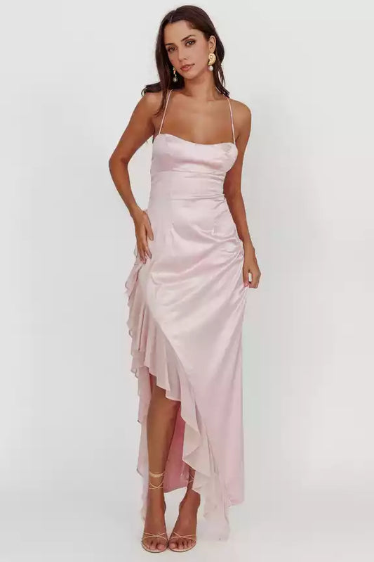 Charming satin extra long asymmetrical hem with ruffled edges, backless lace up, invisible back zipper, Bridesmaid Dresses