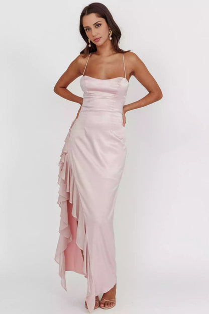 Charming satin extra long asymmetrical hem with ruffled edges, backless lace up, invisible back zipper, Bridesmaid Dresses