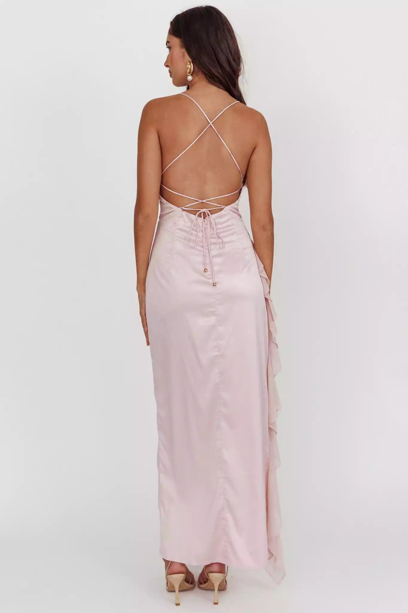 Charming satin extra long asymmetrical hem with ruffled edges, backless lace up, invisible back zipper, Bridesmaid Dresses