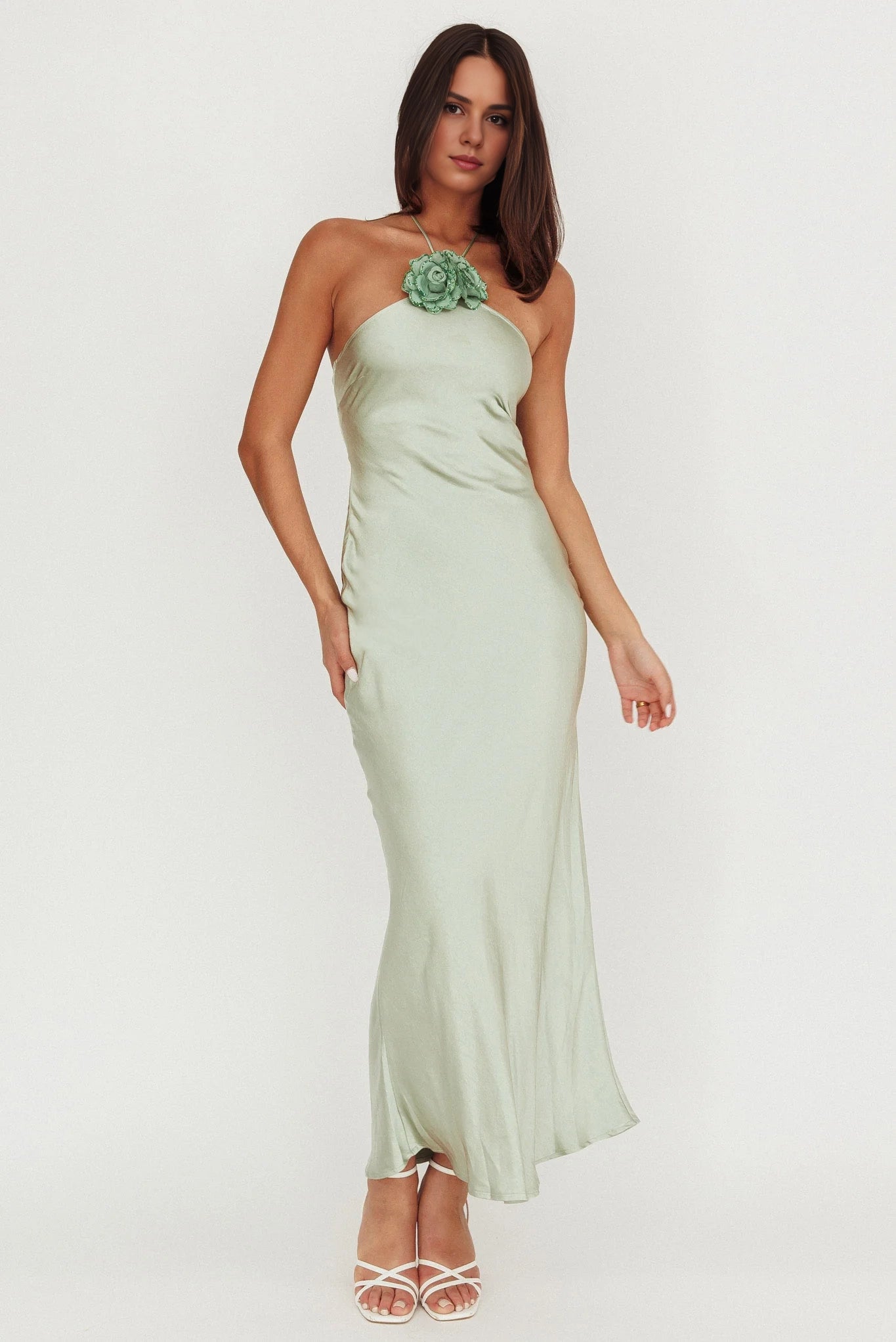 Charming satin extra long unlined flower pin decoration with backless side zipper bridesmaid dress