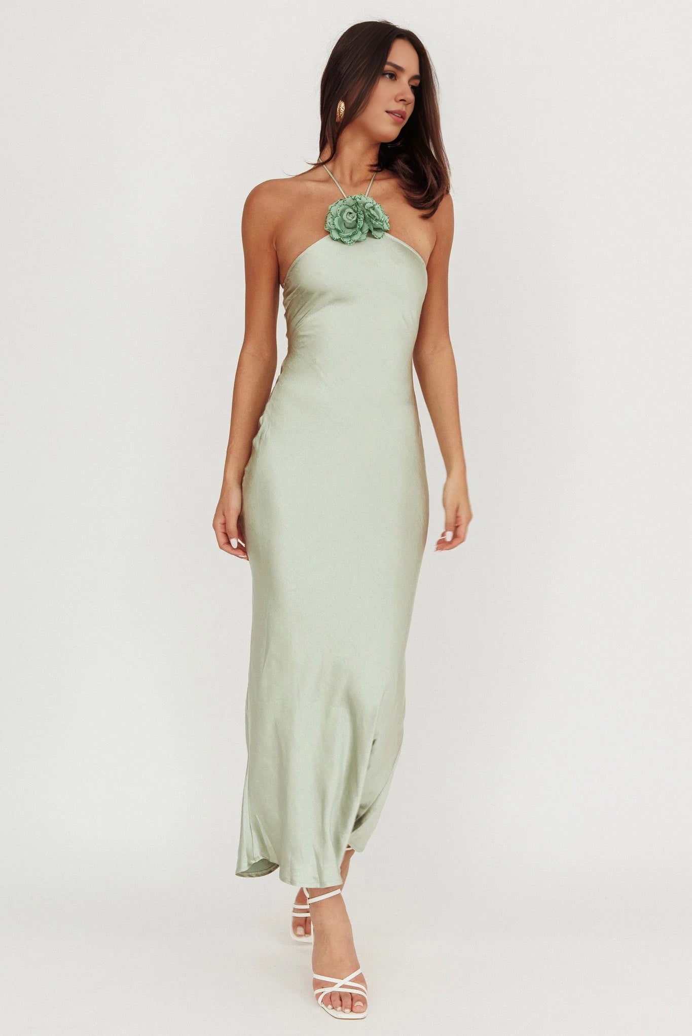 Charming satin extra long unlined flower pin decoration with backless side zipper bridesmaid dress
