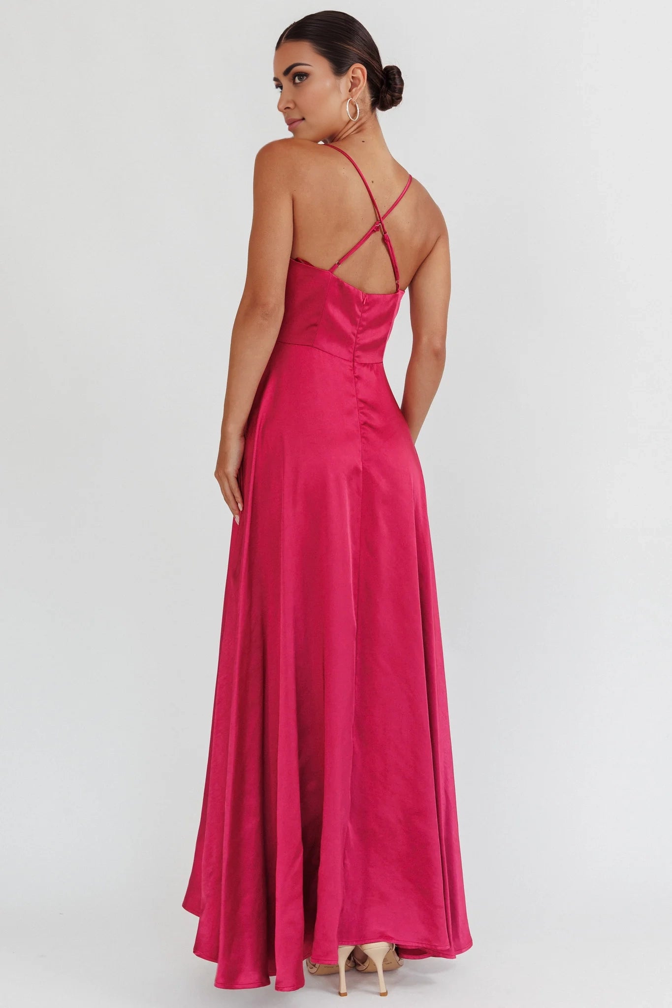 Charming satin long high slit adjustable shoulder strap invisible back zipper bridesmaid dress