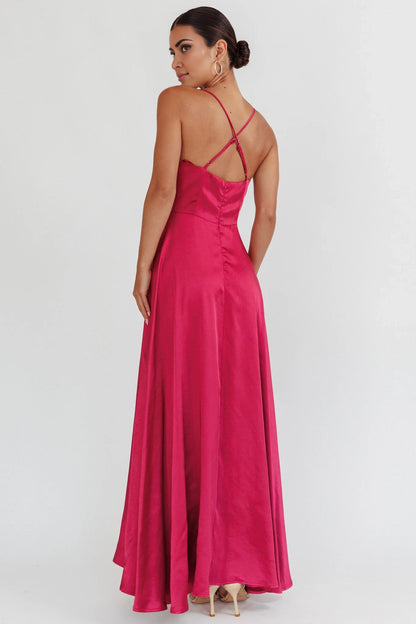 Charming satin long high slit adjustable shoulder strap invisible back zipper bridesmaid dress