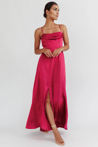 Charming satin long high slit adjustable shoulder strap invisible back zipper bridesmaid dress