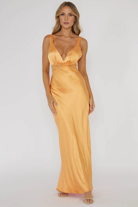 Charming satin long lace trimmed adjustable shoulder strap bridesmaid dress