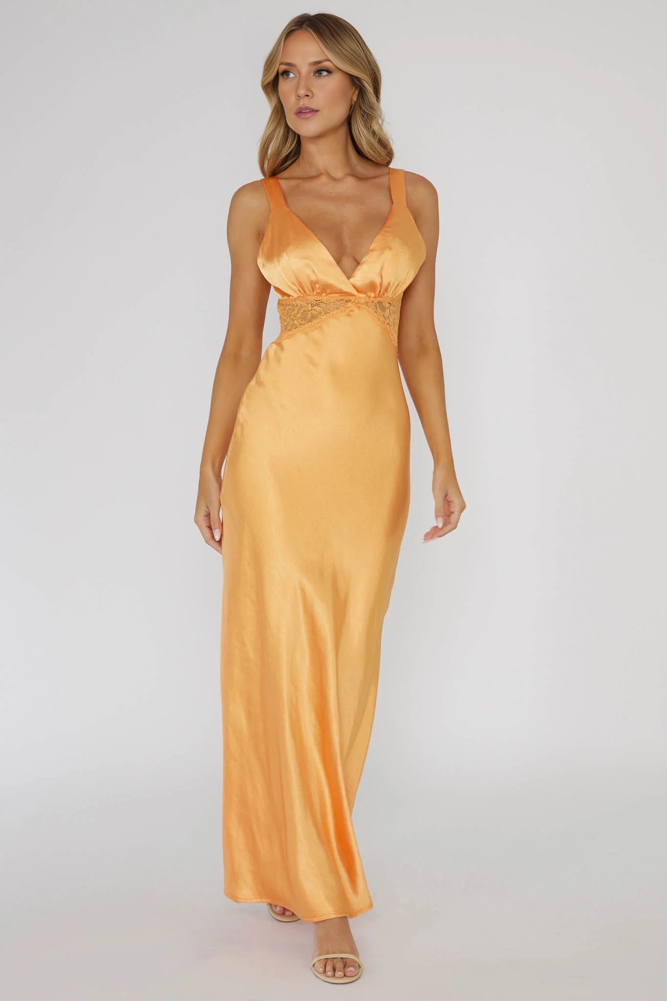 Charming satin long lace trimmed adjustable shoulder strap bridesmaid dress