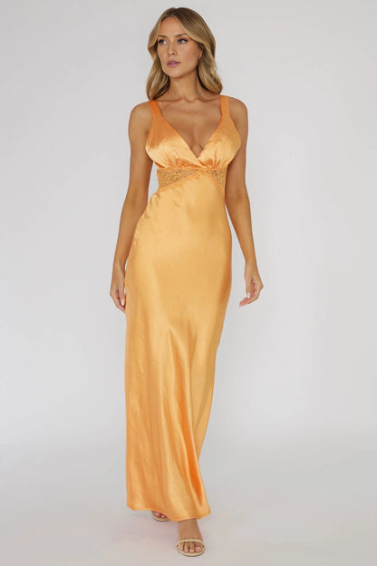 Charming satin long lace trimmed adjustable shoulder strap bridesmaid dress