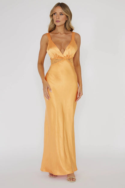 Charming satin long lace trimmed adjustable shoulder strap bridesmaid dress