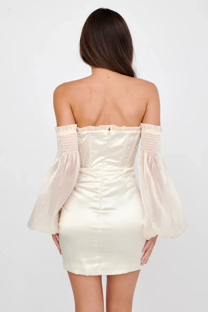 Charming satin mini corset with off shoulder pleating details, ruffled edges, and back zipper Homecoming Dresses