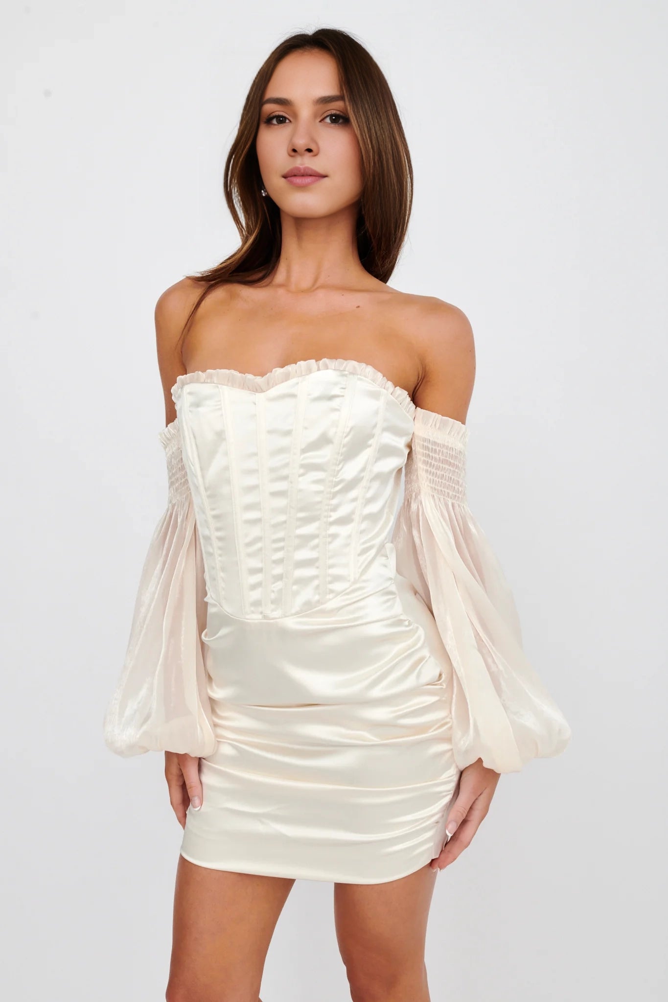 Charming satin mini corset with off shoulder pleating details, ruffled edges, and back zipper Homecoming Dresses