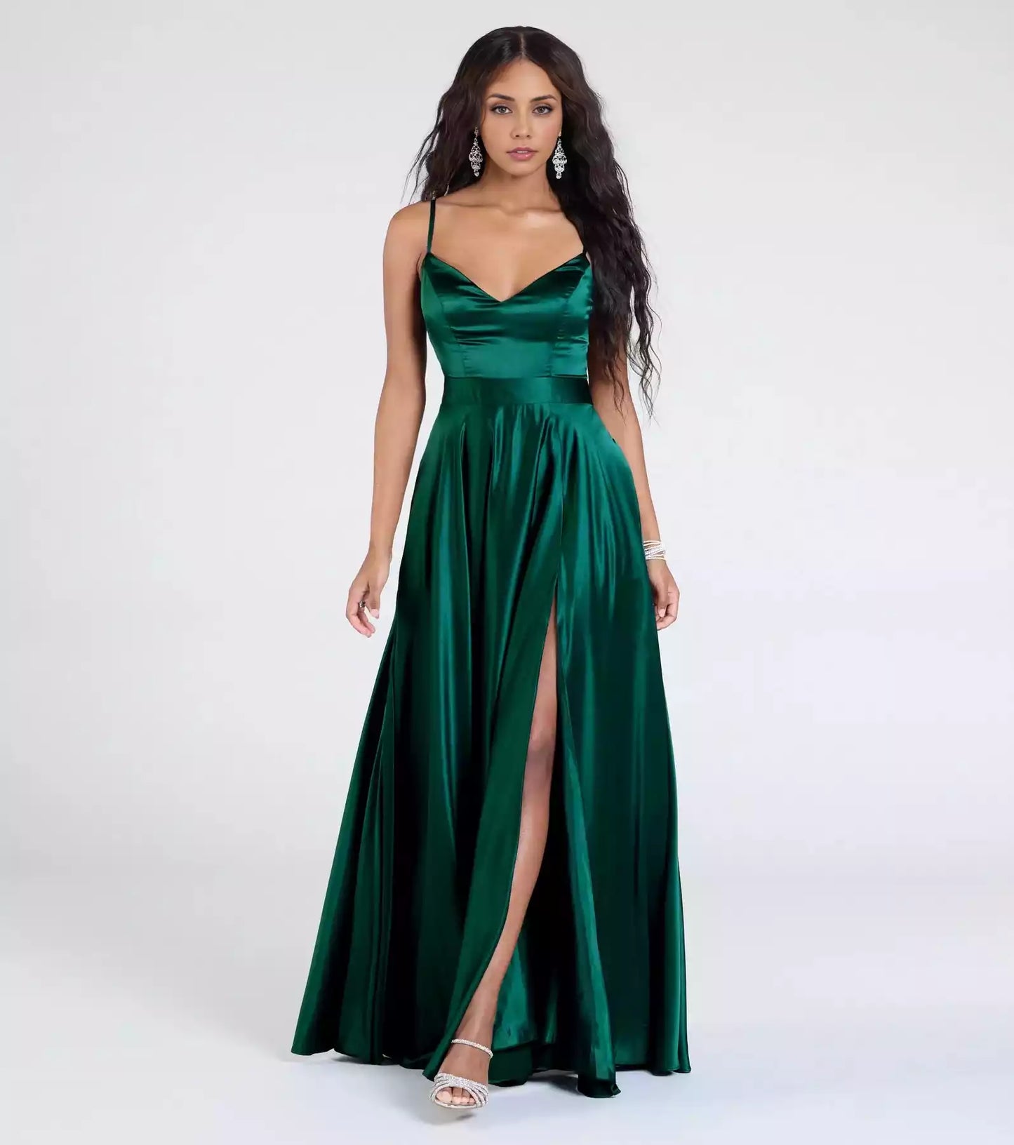 Charming satin sleeveless V-neck cut with adjustable thin shoulder straps, high waist and floor A-line high slit Prom Dresses