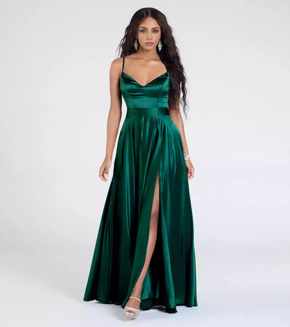Charming satin sleeveless V-neck cut with adjustable thin shoulder straps, high waist and floor A-line high slit Prom Dresses