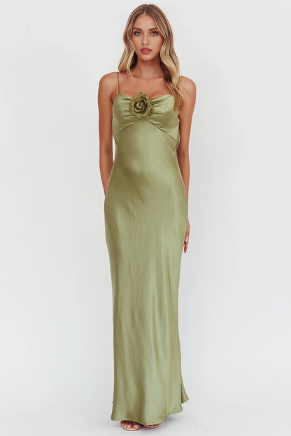 Charming satin slim fit rose knot side zipper bridesmaid dress