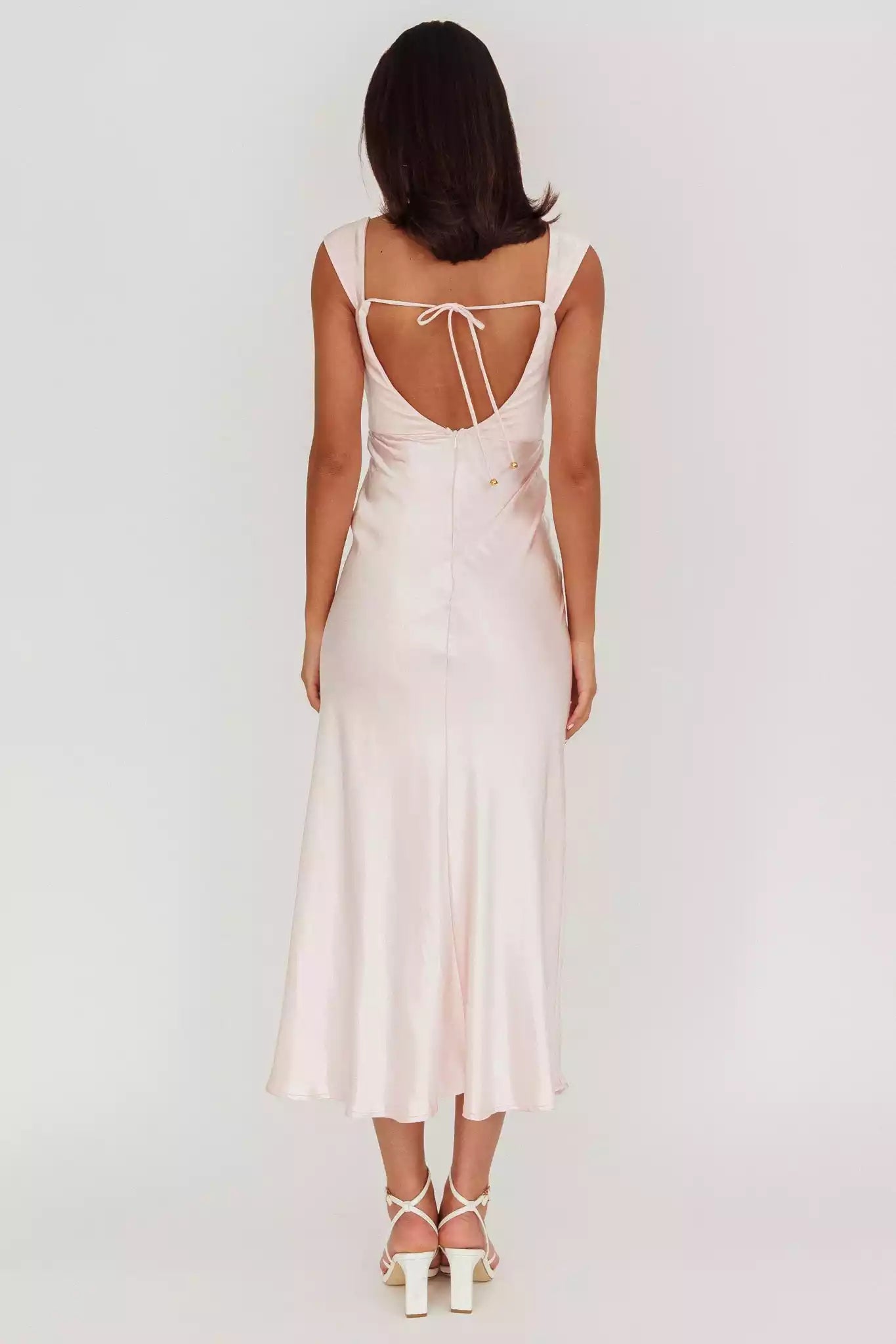 Charming satin ultra long unlined off shoulder low waist V-shaped back with front slit and hidden zipper on the back Bridesmaid Dresses